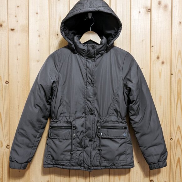 WOMEN Gray Padded Hooded Winter Jacket Sz(S) - Quilted Drawstring "Love Me Now" - Picture 2 of 10